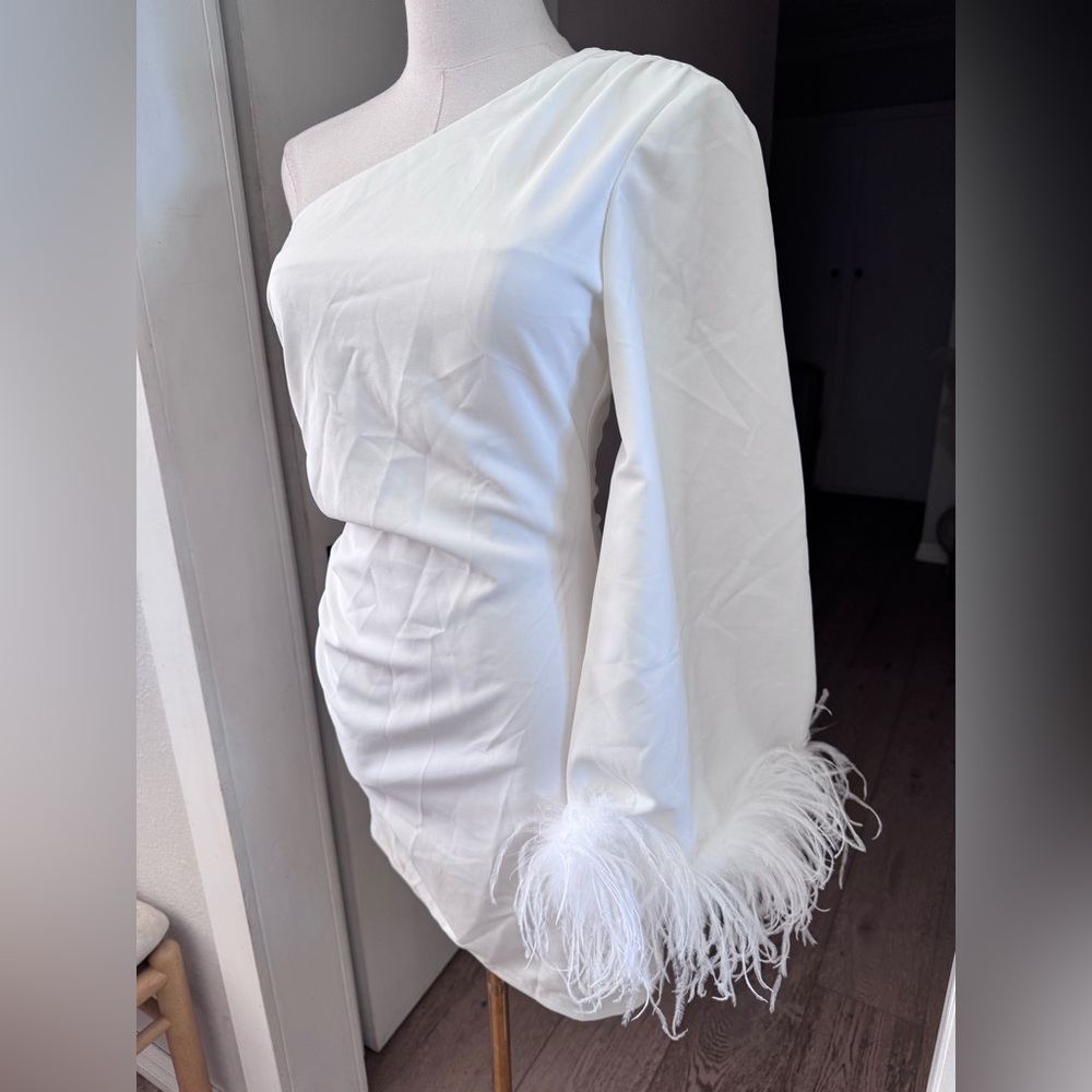 Ghrail Ellis Ivory Feather-Trim One-Shoulder Crepe Mini Dress Sz S MSRP $270 NEW - Picture 6 of 12